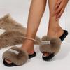 Autumn Winter Open Toe Fluffy Fur Slippers Women Pearls Decor Non Slip Plush Home Slides Woman Comfort Soft Sole Furry Slippers