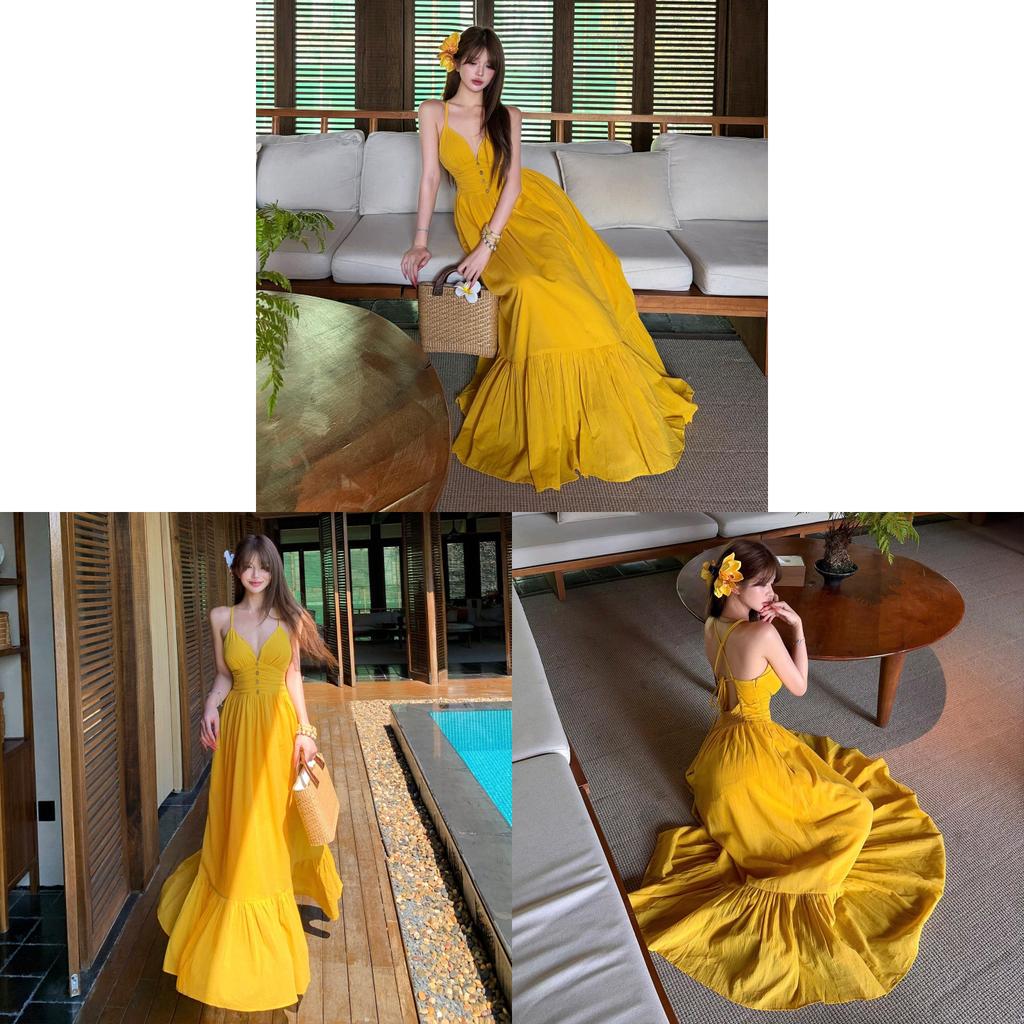 Vacation Dress With V Neck Sleeveless Long Skirt For Beach And Holiday