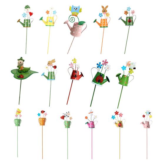 Metal Garden Stake Watering Pot Shape Bee Butterfly Cow Bunny Flowers