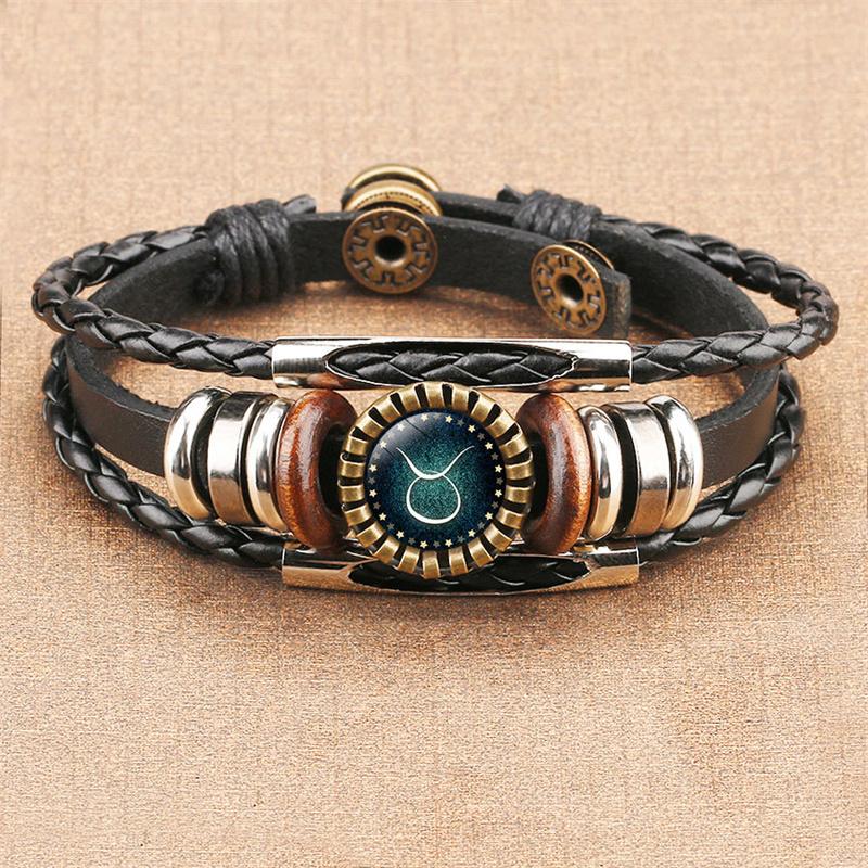 

Браслет з чорної плетеної шкіри з 12 знаками зодіаку: Рак, Лев, Діва, Терези, Плетений, Ювелірний виріб зі скляним куполом, Чоловічий браслет Ta