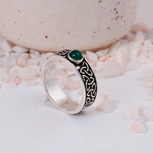 Green Onyx Celtic Knot Silver Band Ring | Infinity Symbol Brass Jewelry | Spiritual Gift for Him/Her