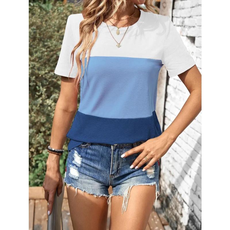 Modisches Damen Rundhals Kurzarm 3D Gestreift Farbprint Gestreiftes Kurzarm Rundhals T-Shirt