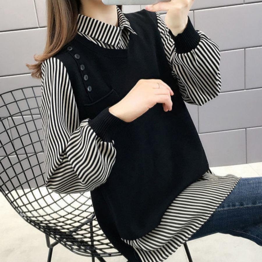 Fake Two Piece Striped Shirt Sweaters Women's Lapel Collar Long Sleeve Pullover Tops Spring Autumn Outerwear Knitted Sweater