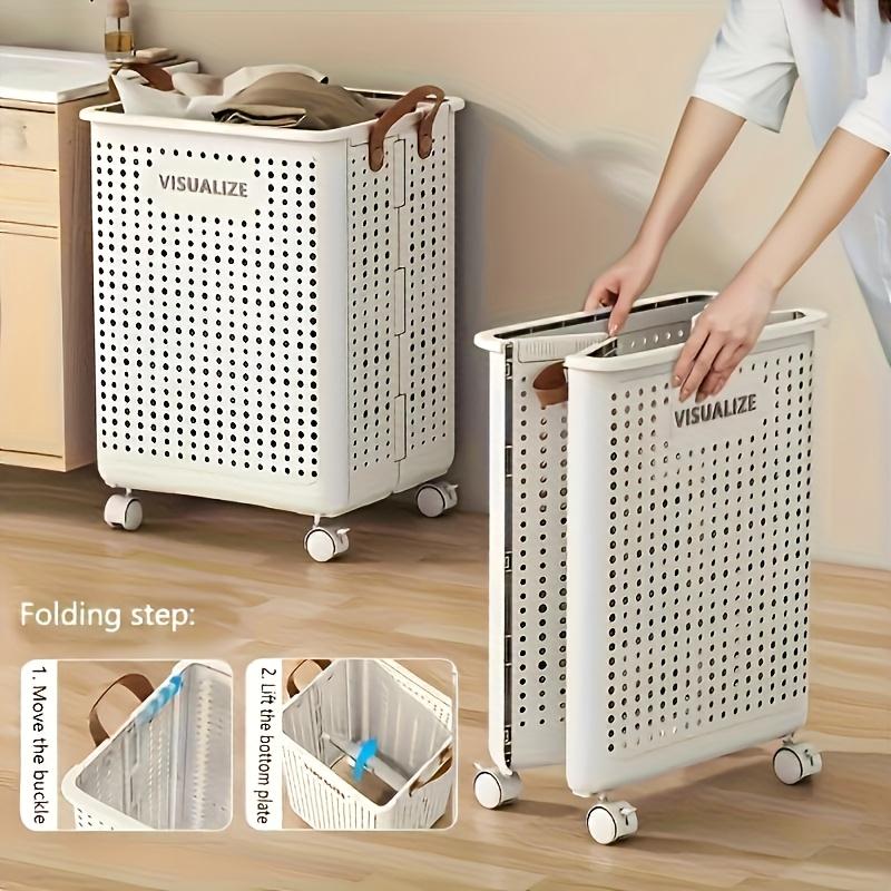 Laundry Basket with Wheels Foldable, Collapsible Hamper with Multi Compartments, Portable Clothes Bin Storage Organizer