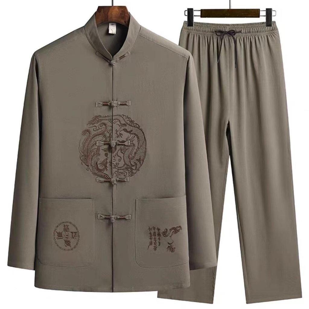 Frühling Sommer Herren Druck Chinesischer Stil Langarm Hemden Hose Sportbekleidung Herren Freizeit Sets Hemden + Hosen