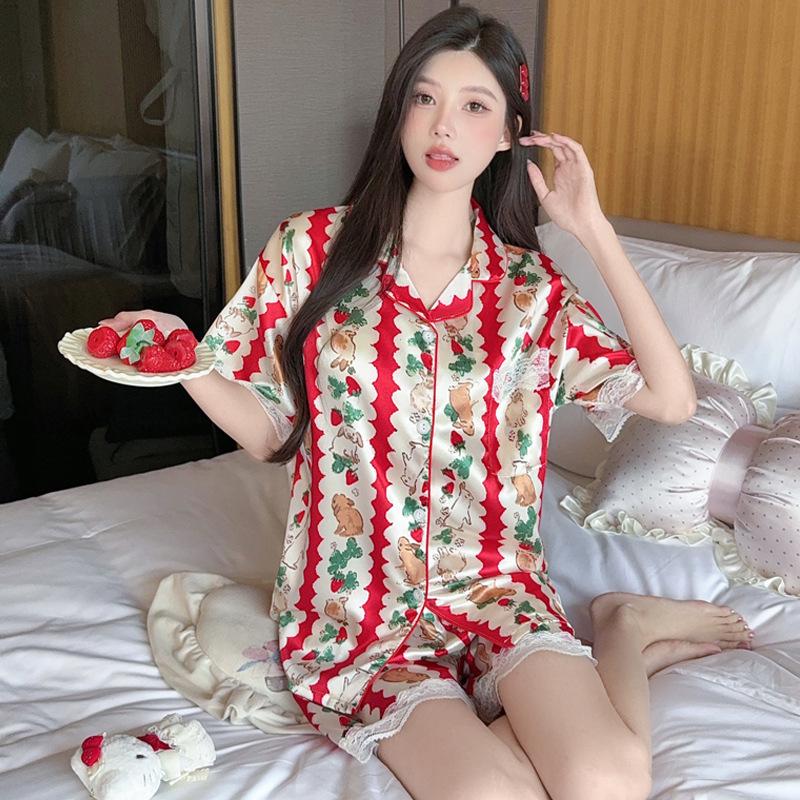 Sweet Strawberry Bunny Christmas Style Women's Ice Silk Pajamas Set: Short Sleeve Summer Homewear
