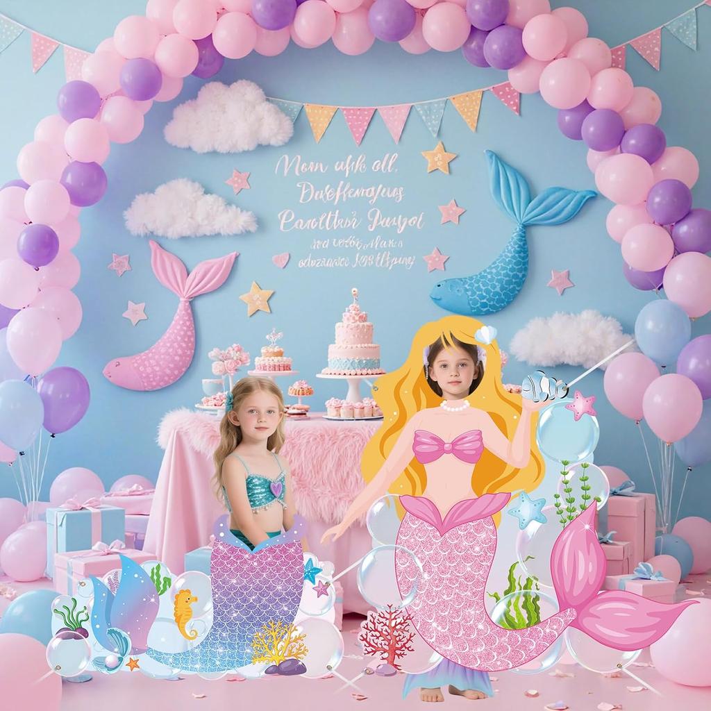 2Pcs Mermaid Birthday Decorations for Girls Mermaid Tail Photo Banner Backdrop Photo Props Under The Sea Birthday Photo Decor Pink Ocean Theme Party