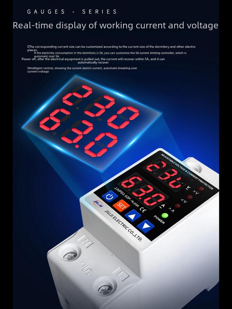 Adjustable Intelligent Dual Display Self-Resetting Voltage/Current Limiter Switch (40A/63A/80A)
