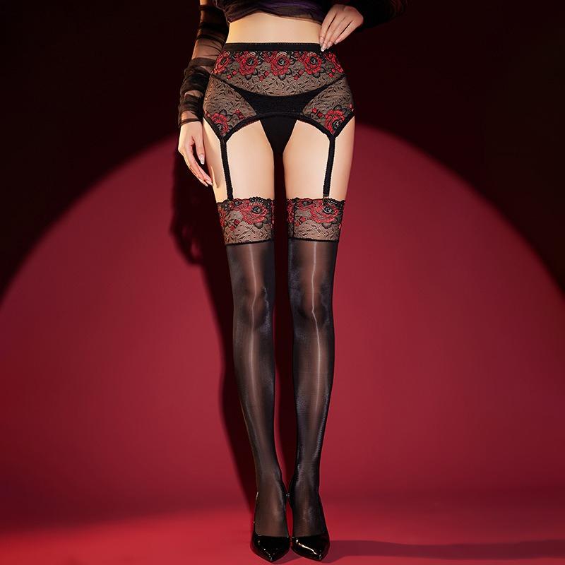 Womens Pantyhose With Buttocks Lace Floral Skirt With Garter Belt Socks Oil Shiny Glossy Stockings Transparent Night Club Wear