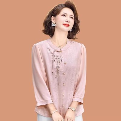 2026 Spring/Summer Jacquard Chiffon Blouse for Middle-Aged & Elderly Women - Seven-Sleeve Design