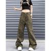 Autumn New High Street American Retro Design Leopard Print Wide Leg Jeans Straight Loose Casual Pants