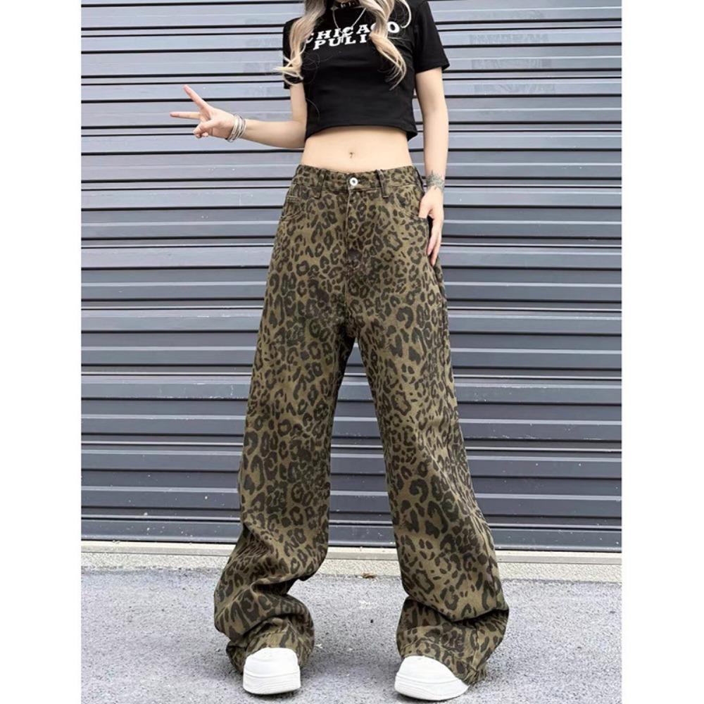 Autumn New High Street American Retro Design Leopard Print Wide Leg Jeans Straight Loose Casual Pants