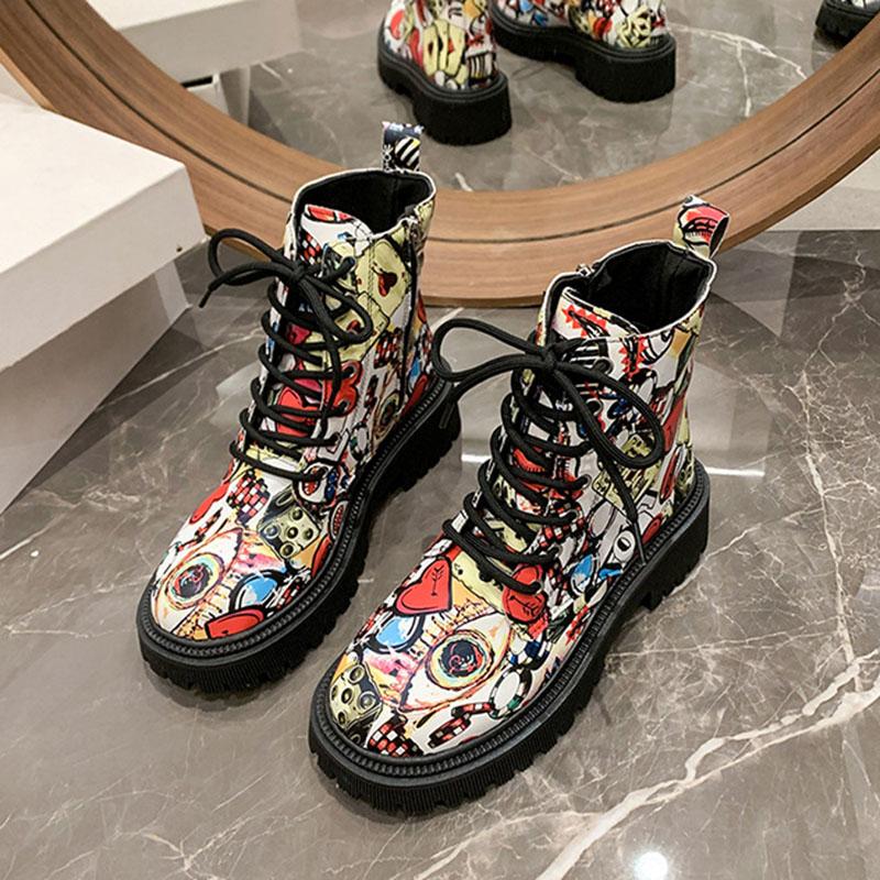 Fashion Comemore 2025 New Autumn Boots Graffiti Women's Shoes Printed Cartoon Lace-up Leather Ankle Boots Punk Style Thick Heeled Botas
