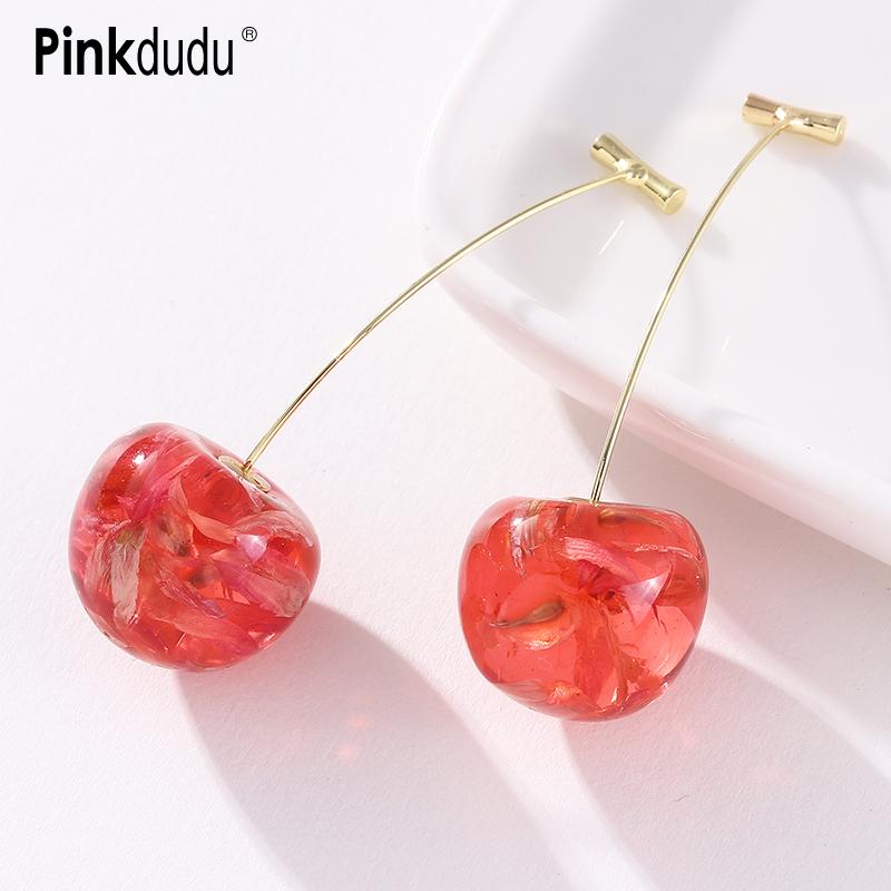 Pinkdudu Cherry Dangle Earrings for Women Sweet Fruit Design Gold Plated Pendant Earrings PD416