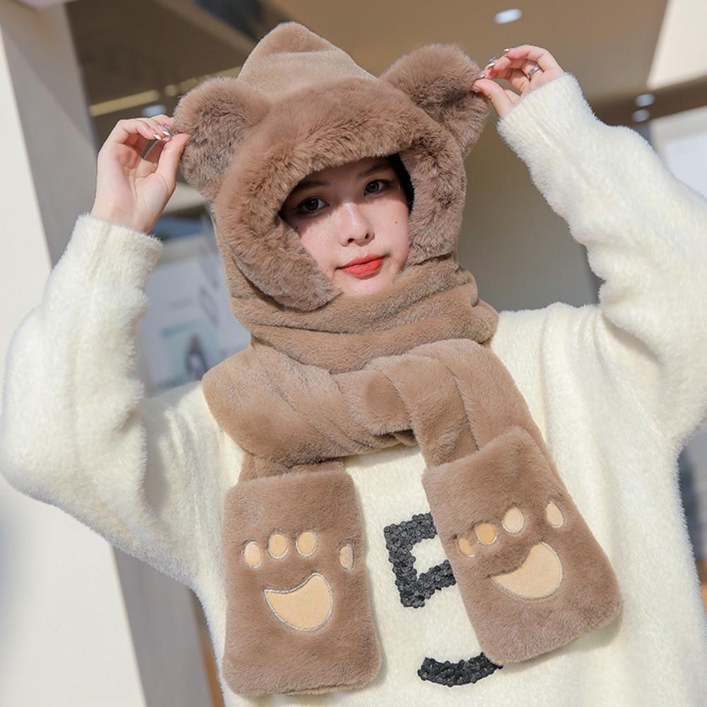 3-in-1 Hooded Scarf Windproof Winter Plush Scarf Cute Neck Warmer  Outdoor