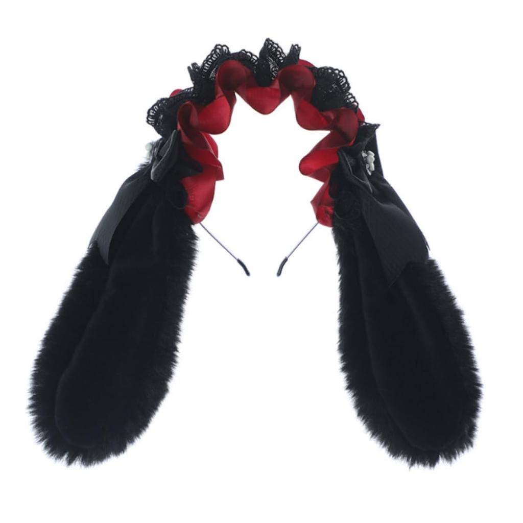 Uccellino Bunny Ear Loose Cosplay Headpiece with Ribbon Gothic Lolita Hair Accessory x Headband, Ears, Lace, (Black White)