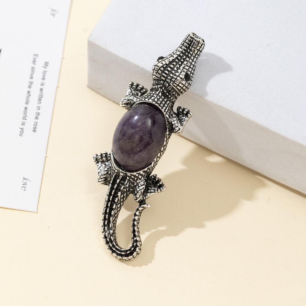 Natural Stone Shell Brooch Crocodile-Shaped Brooch For Elegant Formal Coat Jewelry Accessory 68x22mm