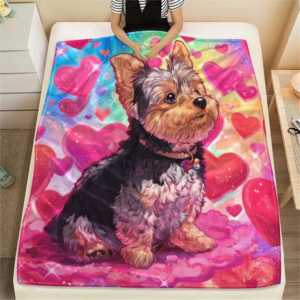 Pink Yorkshire Terrier Pattern Flannel Blanket, High Quality Comfortable for All Seasons, Home Decor, Warmth and Comfort, Perfect for Gifts.