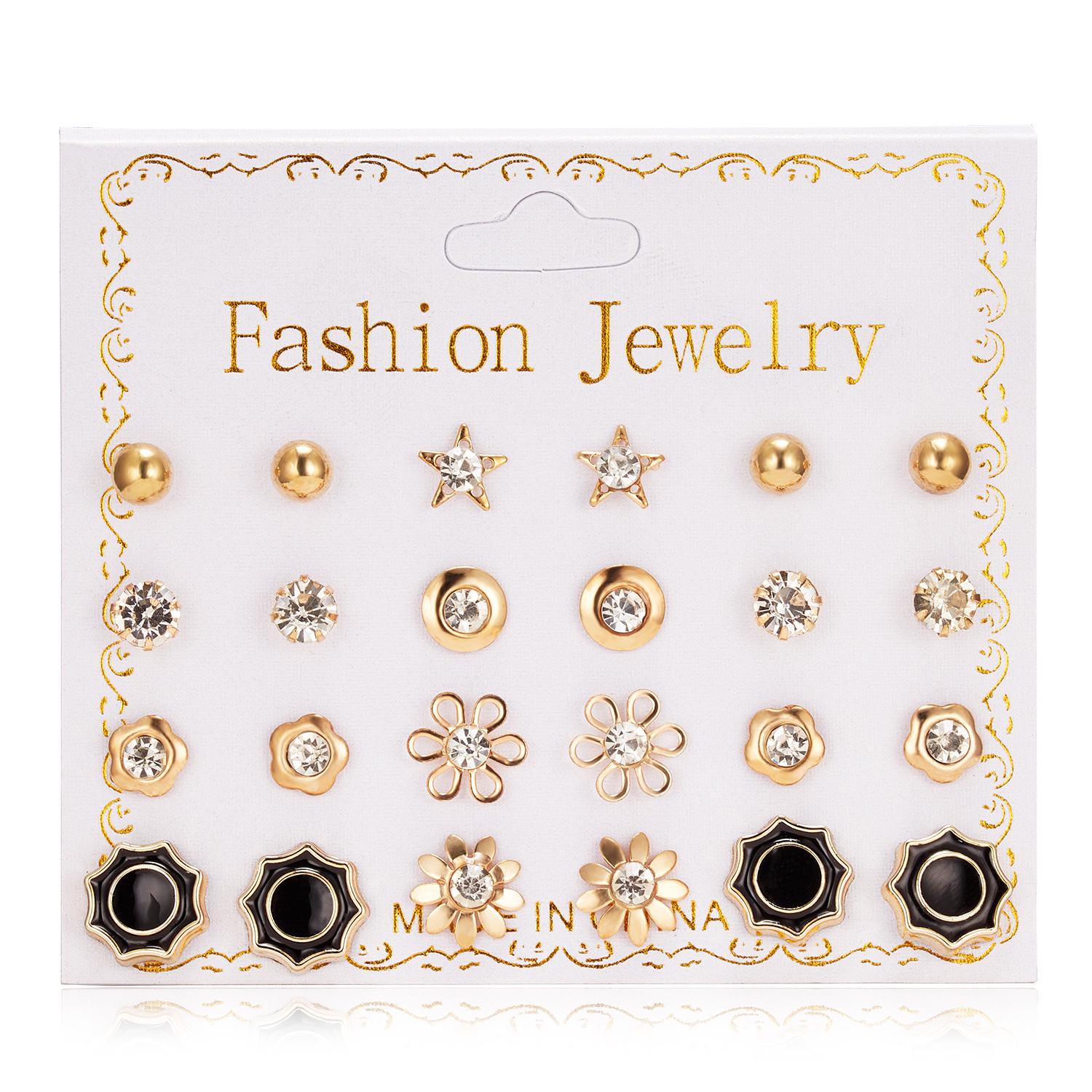 

Cross-Border Hot Selling: 12 Pairs Flower, Round, Square, Geometric Zircon Stud Earrings - December Combo (Three-Color)