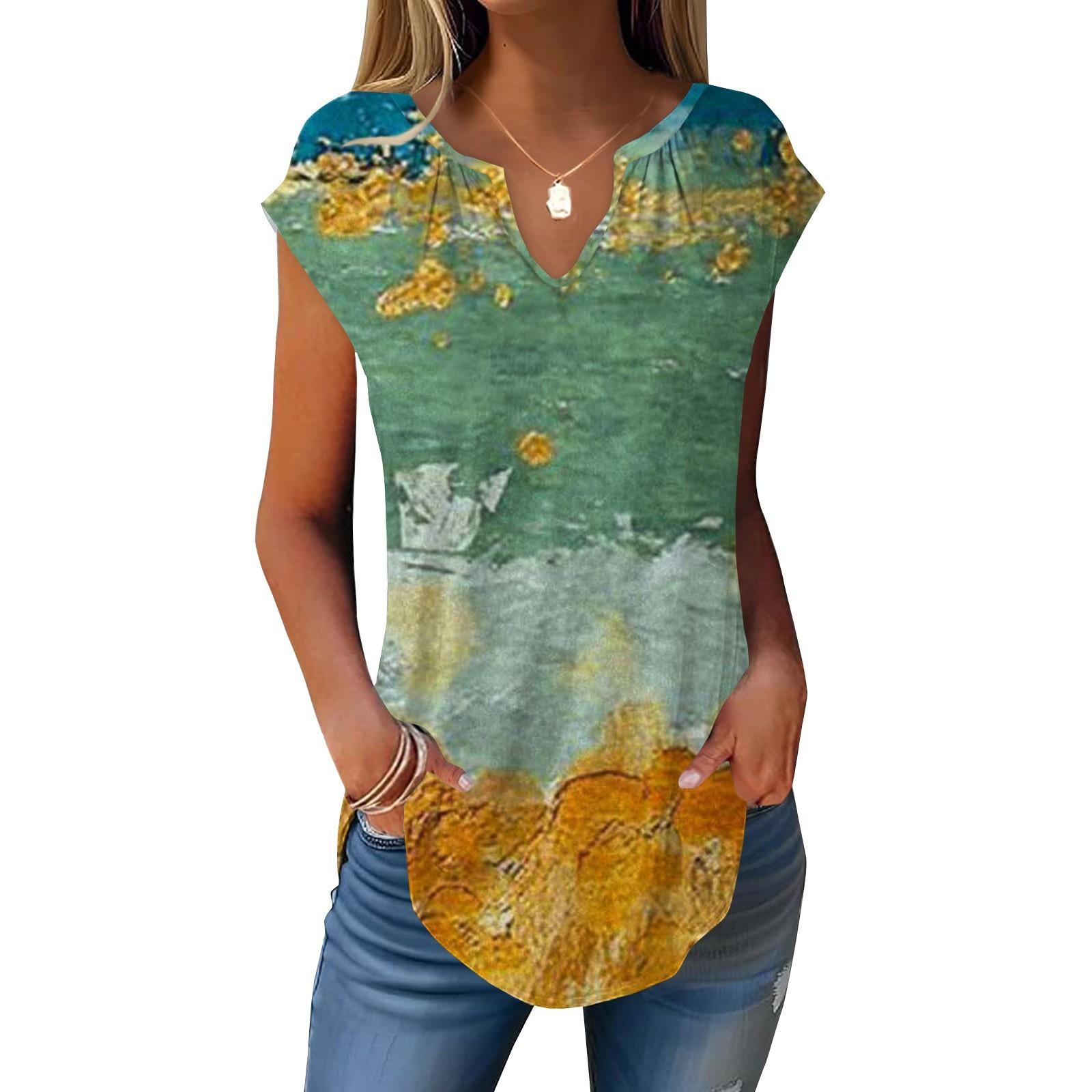 

Летние футболки с короткими рукавами для женщин, модные свободные повседневные нарядные туники с V-образным вырезом, плиссированные топы на бретелях L армия зеленый