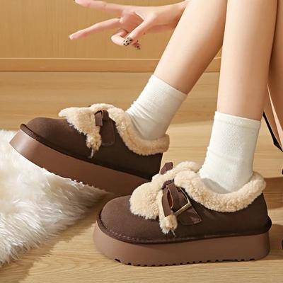 Mocassins plats à nœud en fourrure pour femmes, plateforme, daim, peluche, coton, marque, chaussures décontractées basses, tendance hiver, confortables et chaudes, zapatos mujer