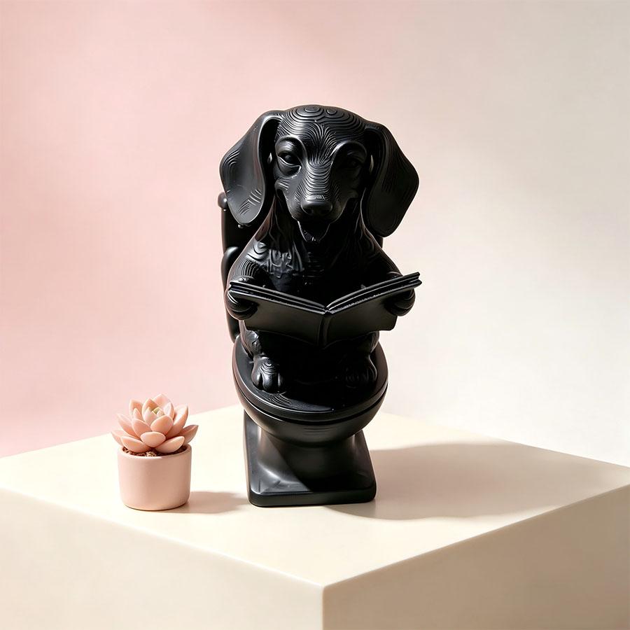 Funny Dachshund Sitting on Toilet Reading Book Figurine, Creative Dog Statue Ornament, Resin Desktop Home Bathroom Decor