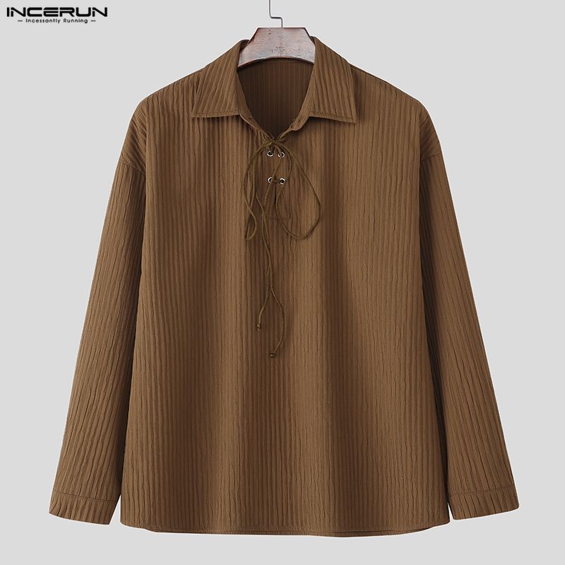 INCERUN Men Long Sleeve Bandage Eyelet Decorative Texture Casual Loose Pullover Tops