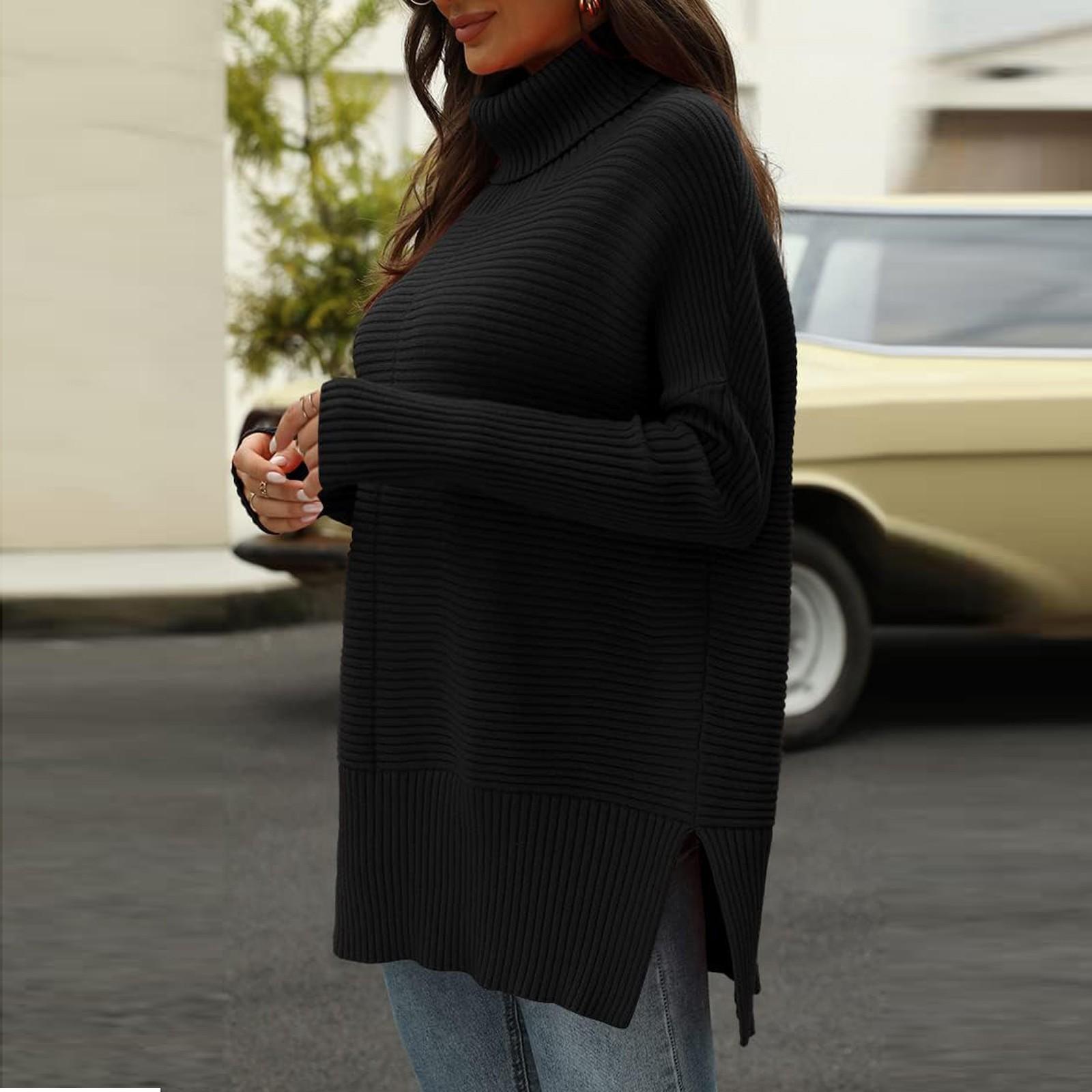 

Женский однотонный свитер с высоким воротом, свободный, с рукавами «летучая мышь», стильный пуловер XL чёрный
