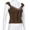Brown Lace Crop Top y2k Bow Square Collar Summer Short Sleeve T Shirt Women Harajuku Vintage Cute Tee Korean Fairycore