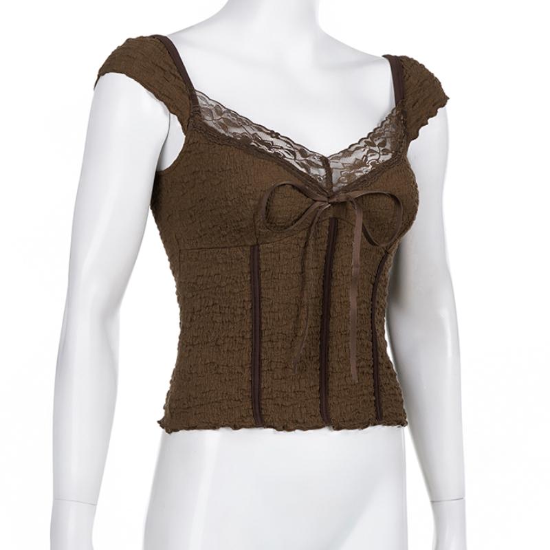 Brown Lace Crop Top y2k Bow Square Collar Summer Short Sleeve T Shirt Women Harajuku Vintage Cute Tee Korean Fairycore