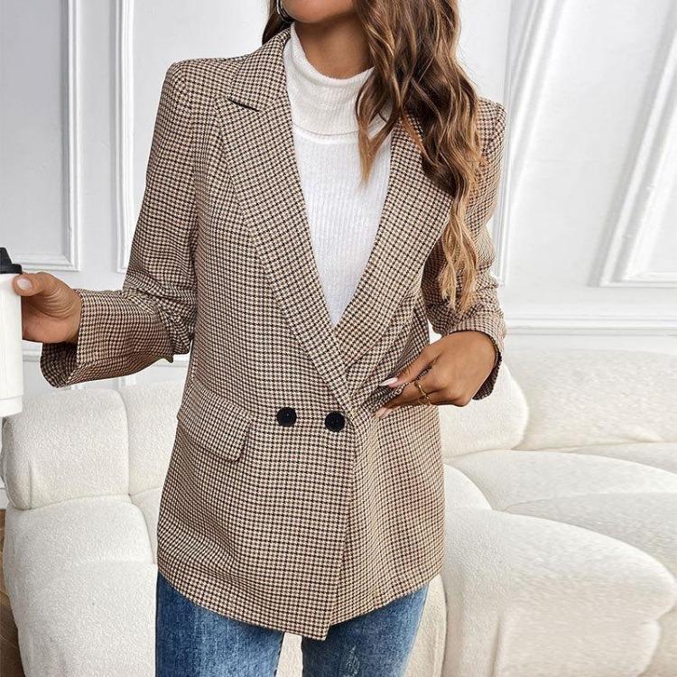 Women Casual Long Sleeve Blazer Suit Autumn Winter Grid Color Commuter Button Temperament