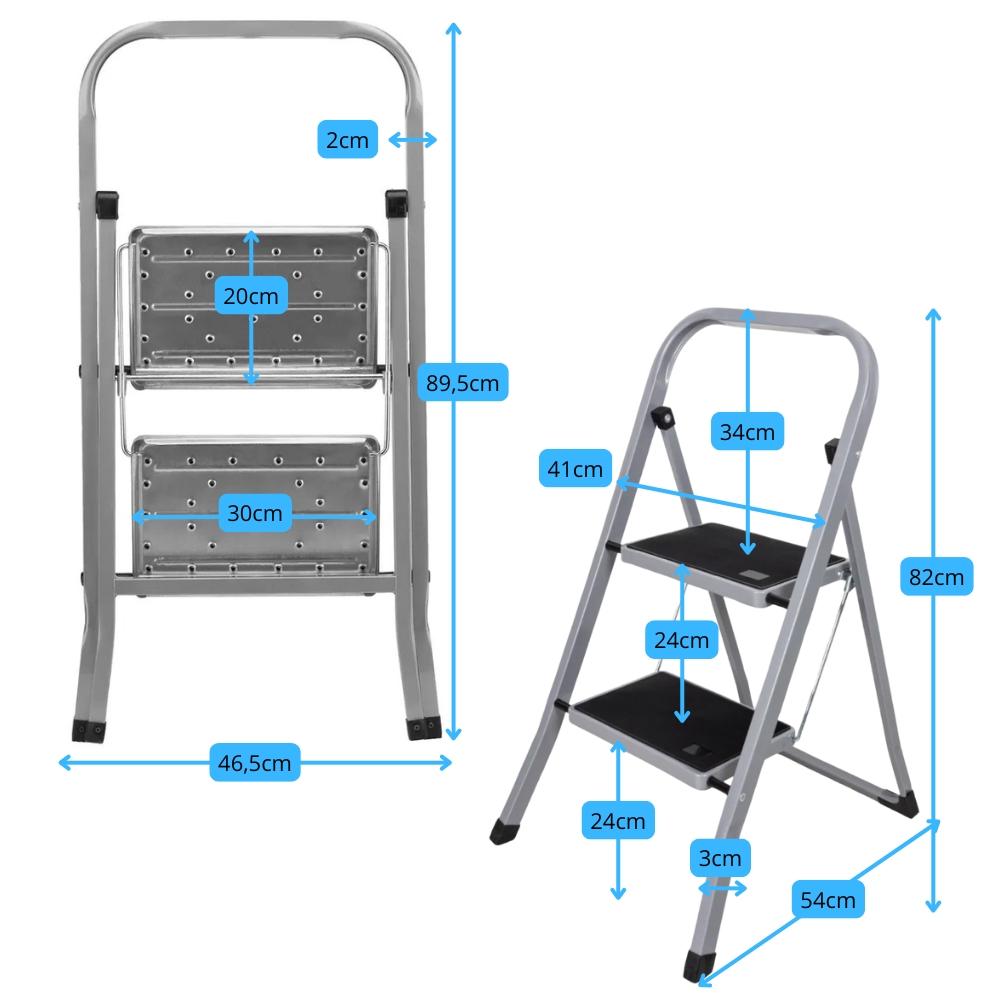 Ladder 2 Steps Household Ladder Foldable Steel Metal Gray 150 Kg