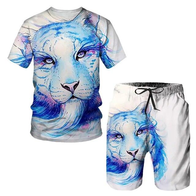 Tricou/costumul cu imprimeu 3D The Tiger, cu mâneci scurte, cu gâtul O, pantaloni de plajă pentru bărbați, set de 2 bucăți, îmbrăcăminte sport pentru cuplu, pantaloni scurți de înot