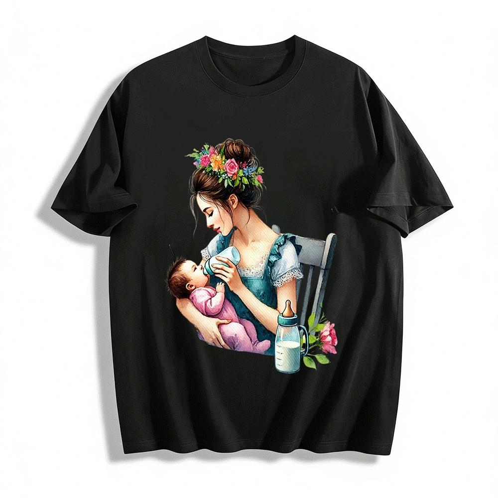 Floral Print Casual Top Loving Nursing Mom Baby Graphic Tee Pure cotton T-shirt XXS