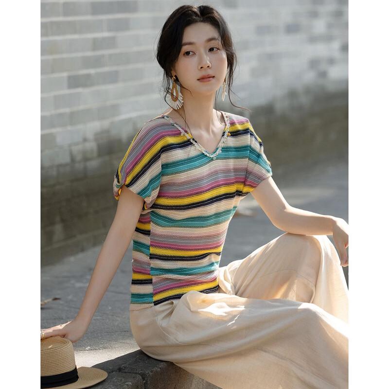 Demana Romantic Sweetheart V-Neck Stripe T-Shirt