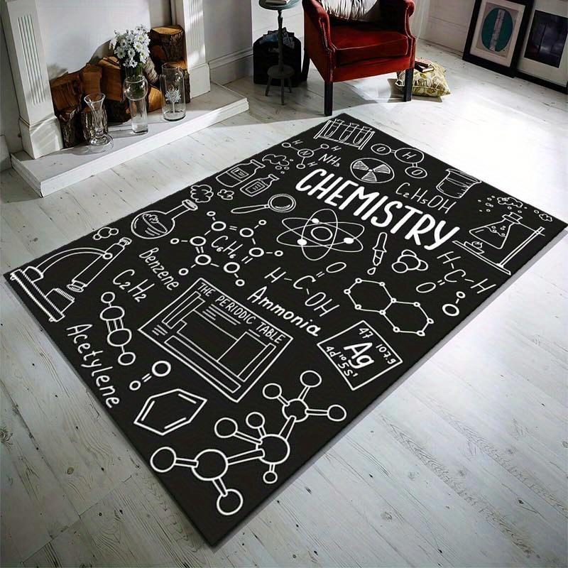 Chemie Kritzel Print Rutschfeste Teppichläufer Schwarz Weiß Wissenschaftslabor Design Bodenmatte für Wohnzimmer Schlafzimmer Klassenzimmer Dekor