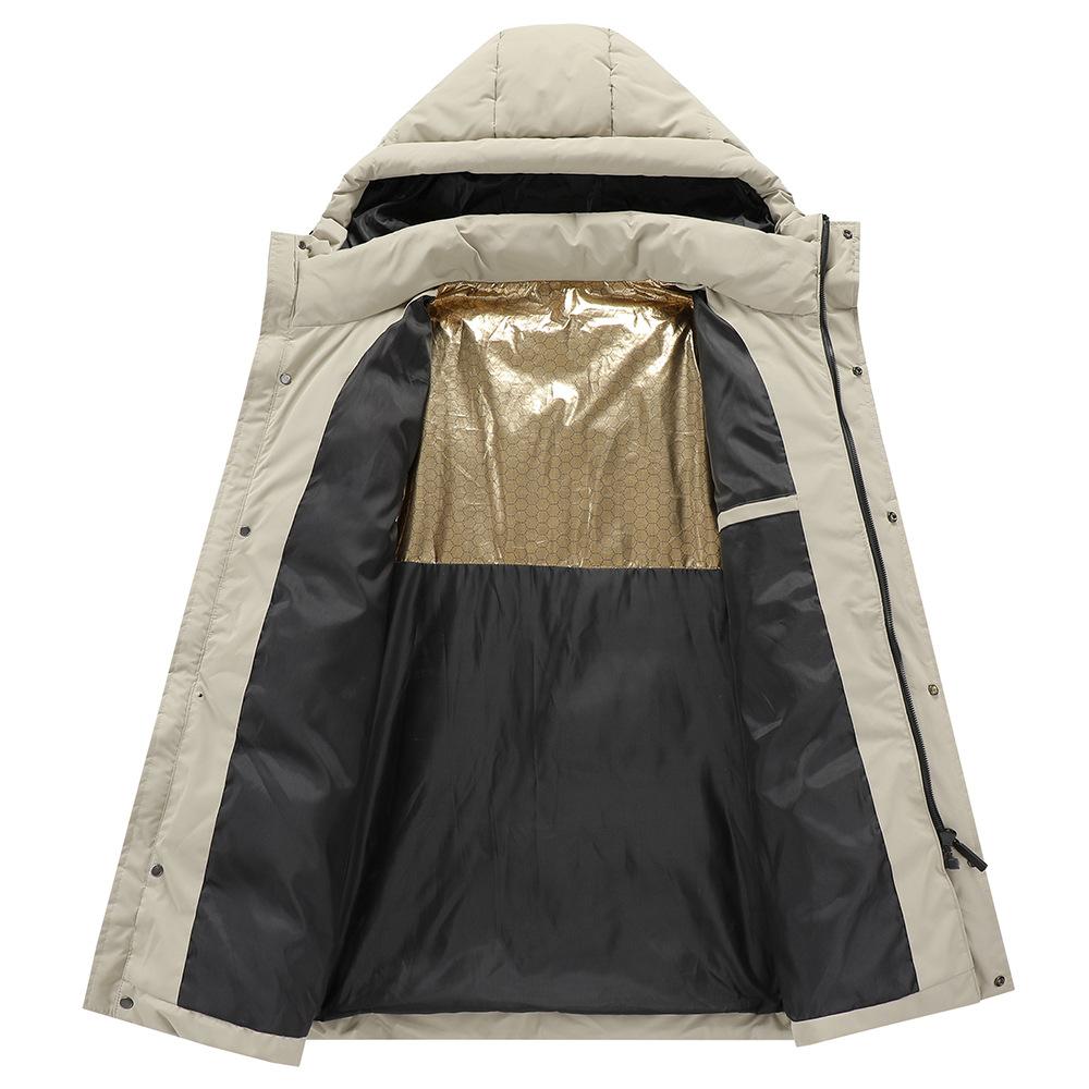 Herbst und Winter Herren Kapuzen-Schirmmütze Skifahren Outdoor Warm Mittellange Baumwolljacke Langer Skianzug Große Größe Lange Baumwolljacke