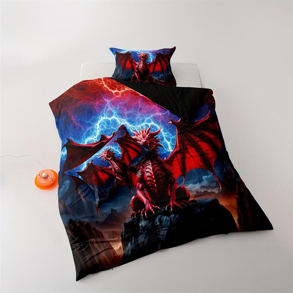 Red Dragon Duvet Cover Set: Ancient Wild Dragon Pattern Bedding, 3D Dragon Double Bed Set, Western Dragon Double Bed Set