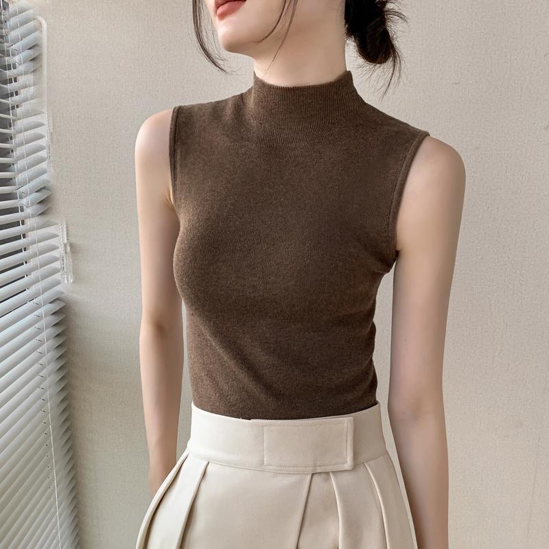 Women's Turtleneck Knit Vest Autumn Winter Slim Fit Slouchy Collar Shrug Sleeveless Lining Top