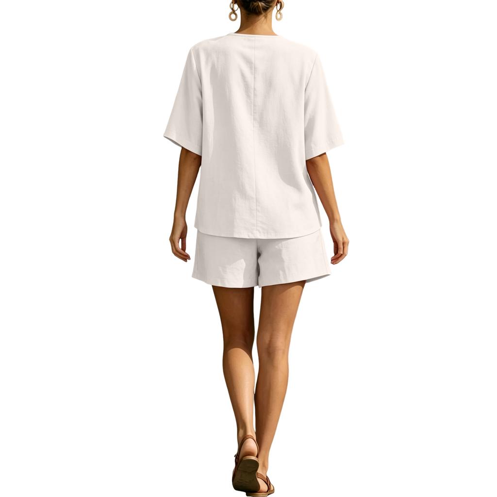 Women's V-Neck Casual Shorts Set - Single Button Front with Tie Waist, Two-Piece Outfit for Summer