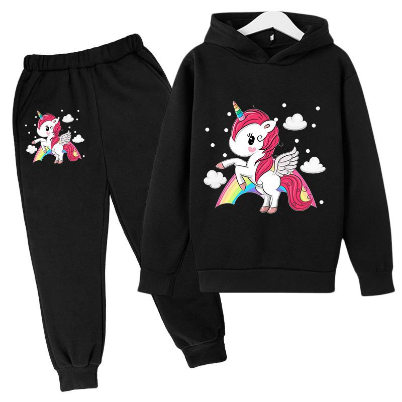 Girls' Hoodie Set Casual Sports Hoodie Set Cartoon Unicorn Print Spring and Autumn CuHK Children Long-sleeved Two-piece Set