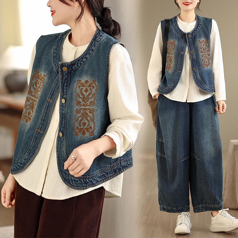 Spring Plus Size Embroidered Denim Vest - Casual, Loose, and Versatile Fashion