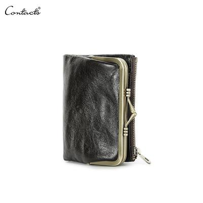 Portefeuille en cuir véritable pour femmes, petit porte-monnaie à cadre métallique, loquet et fermeture éclair, poche pour pièces de monnaie, support de carte de crédit, portefeuille RFID