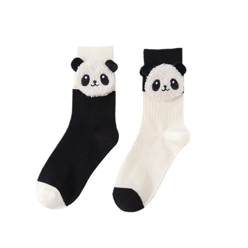 European Niche Socks, Black And White Color-Blocked Cow Three-Dimensional Panda Trend Sports, Wear Pure Cotton Mid-Leg Socks
