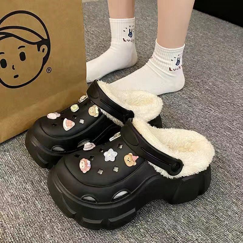 Plus Velvet Cotton Hole Shoes Women's Autumn and Winter Inner Liner Outer Wear Increased Thick-soled Woolen Cotton Slippers