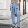 Women's Fashionable Solid Color Denim Pocket Workwear Casual Jeans
