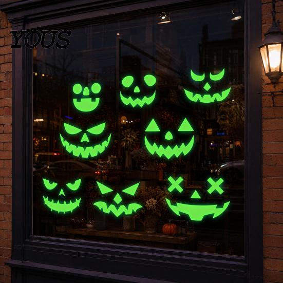 Pumpkin Glow Decal for Walls 2Pcs Halloween Glow-in-the-Dark Wall Stickers, & Ghost Face Decals Indoor Ceiling Door Decor, Light Up
