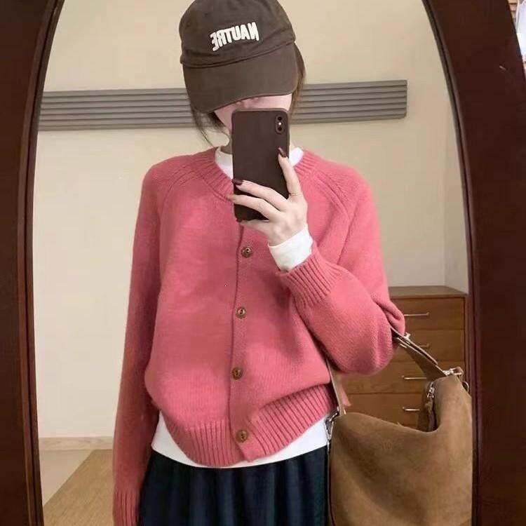 Women's Korean Style Round Neck Knit Cardigan Sweater - Loose Fit, Solid Color, Perfect for Autumn/Winter.
