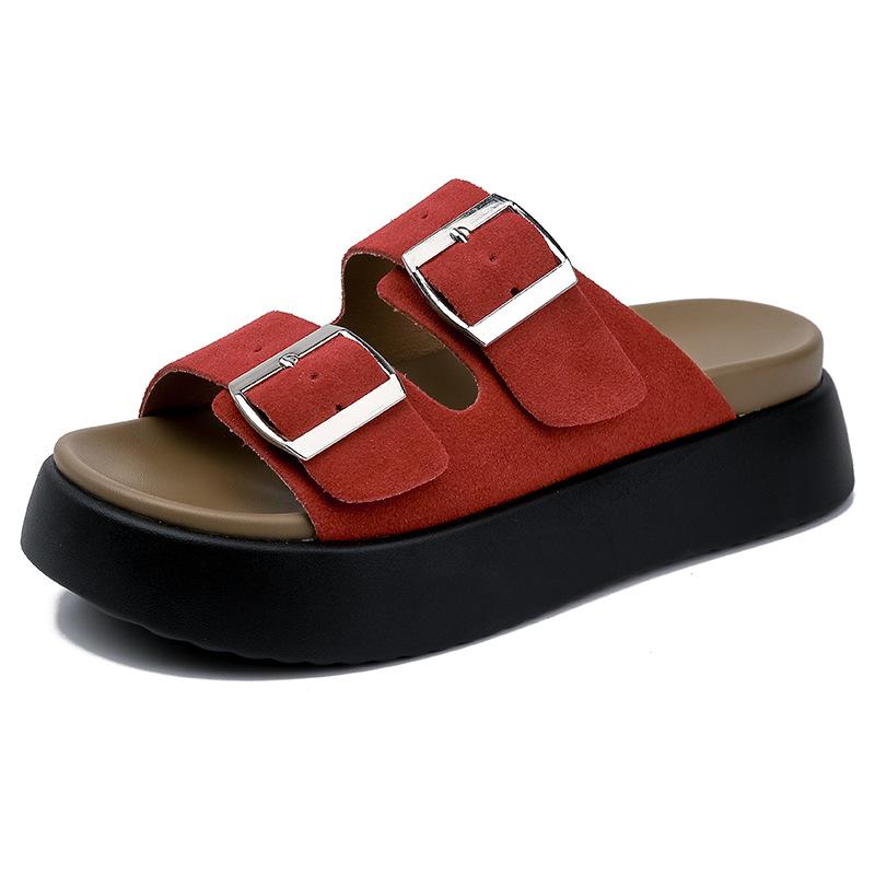 Genuine leather~~ Slippers women's summer outer wear new soft-soled thick-soled belt buckle casual versatile cool slippers