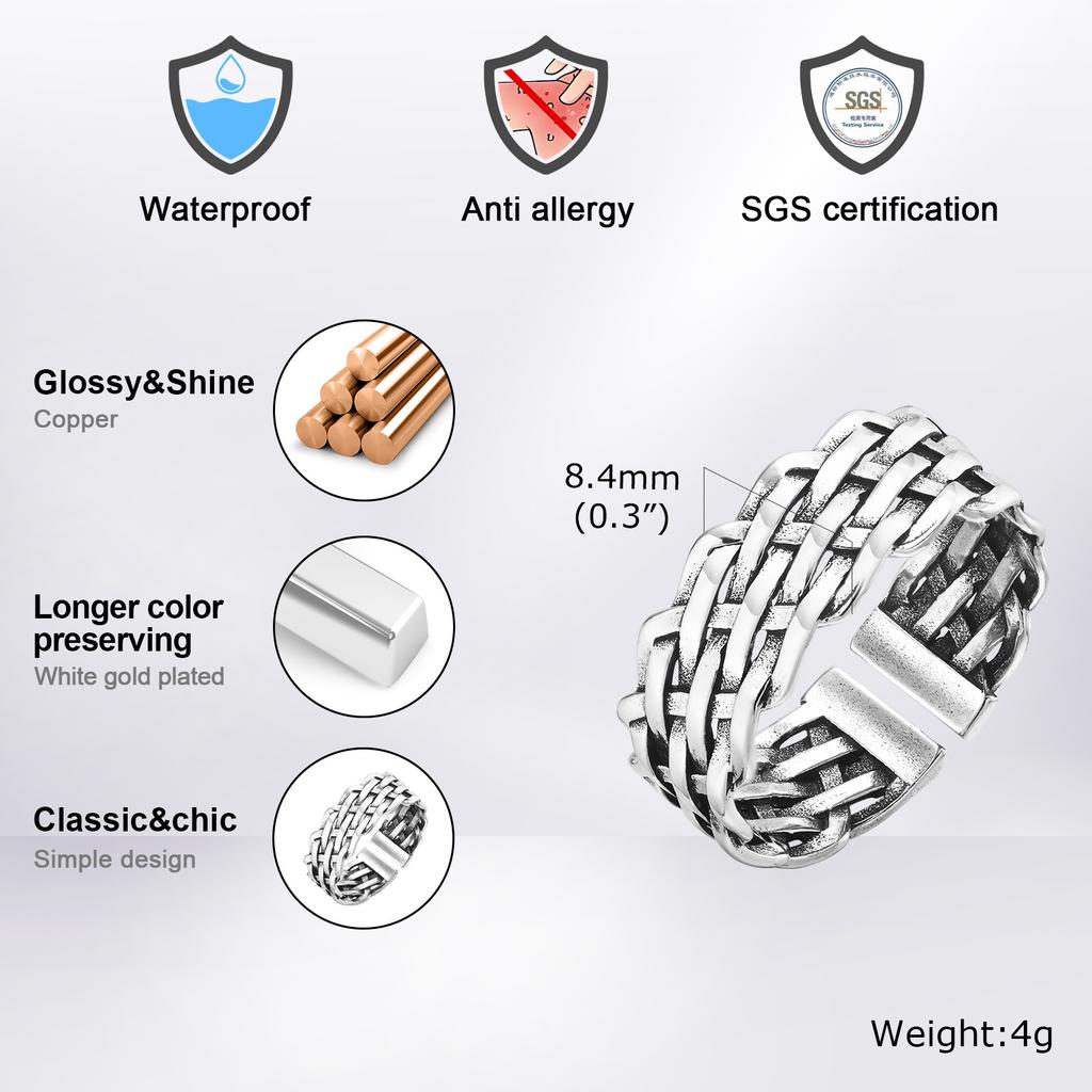 Chunky Woven Rings for Men Boys,Classic Thick Braided Metal Band Ring,Adjustable Anniversary Birthday Jewelry Gift